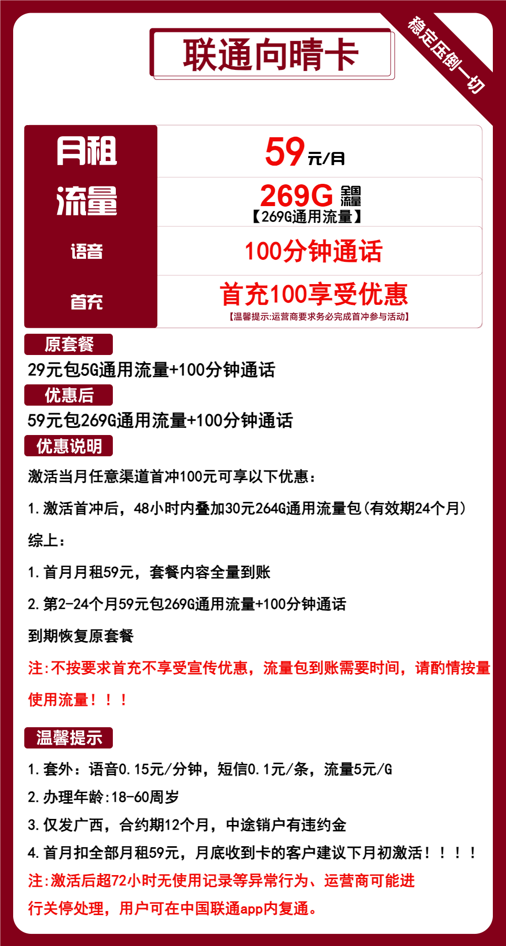 联通向晴卡59元包269G通用+100分钟通话（可自选号码,联通手机流量卡申请办理入口）