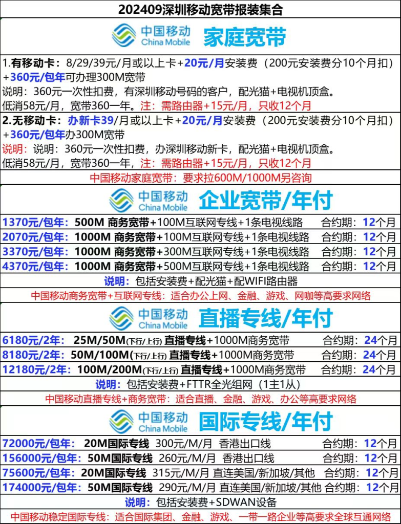 移动宽带办理安装（2024深圳移动宽带套餐大全）