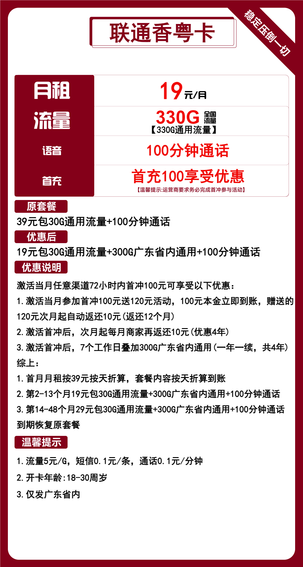 联通香粤卡19元包330G通用+100分钟通话（联通学生校园卡申请办理入口）