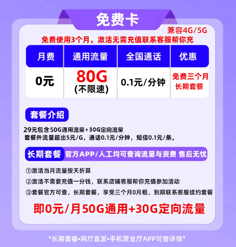 中国移动流量卡套餐价格表（纯上网卡手机卡5G电话卡无线不限速全国通用大流量）